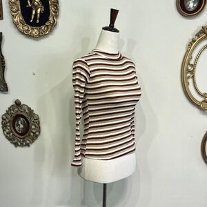 Striped Long Sleeve Mock Neck Crinkle Top Maroon Beige White Size S